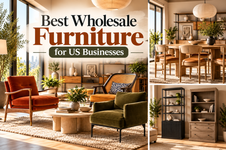 Text overlay on a modern living room, dining set, and shelving wholesale furniture.