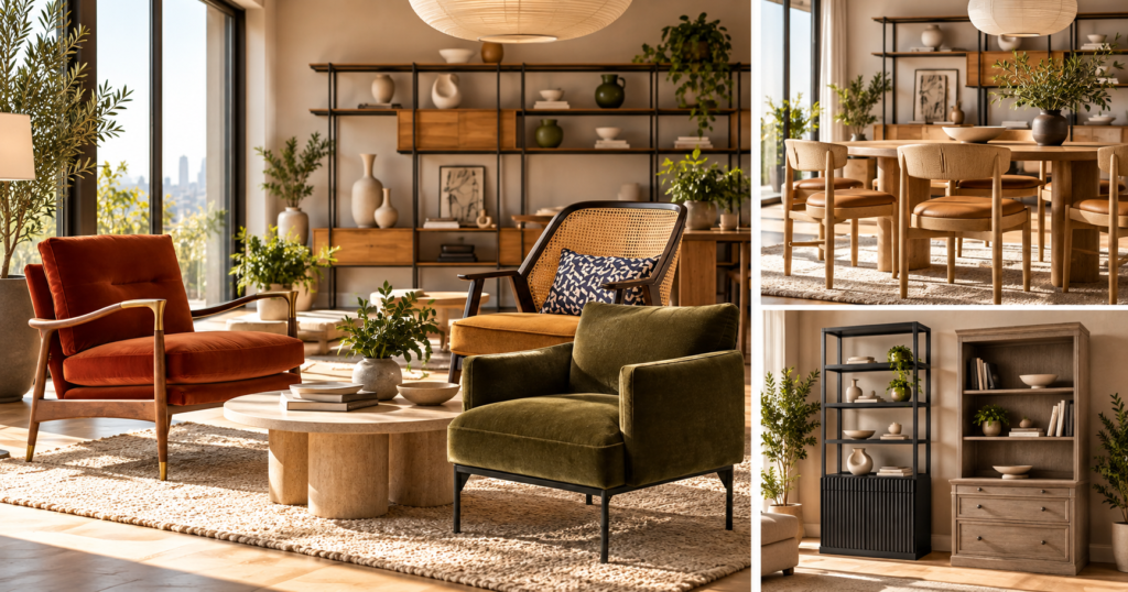Modern wholesale furniture collection featuring rust and olive velvet chairs, wooden dining tables, a cane-back chair, and wooden cabinets in a warm, contemporary interior with natural lighting and greenery.