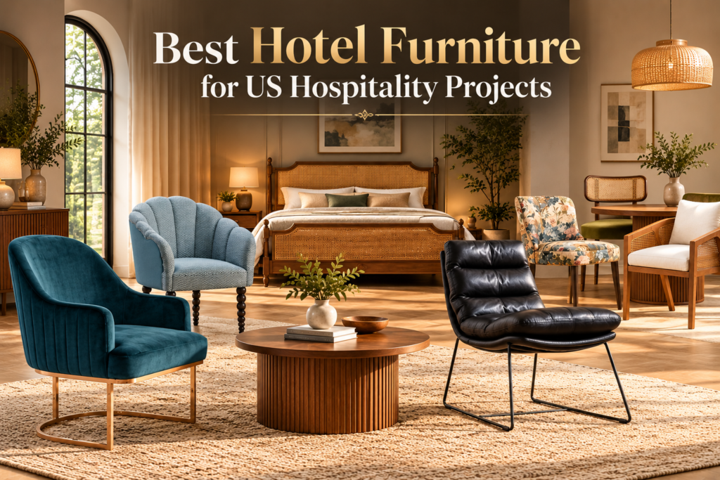 Best hotel furniture for US hospitality projects featuring elegant hotel bedroom furniture, velvet chairs, leather lounge chair, rattan bed, and wooden tables in a luxury interior.