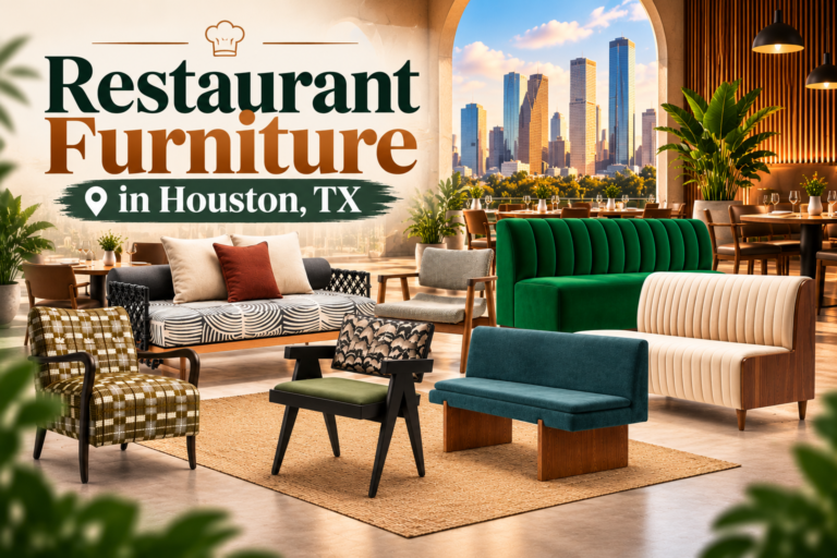 Diverse modern restaurant furniture including velvet booths, patterned sofas, and chairs in Houston, TX.