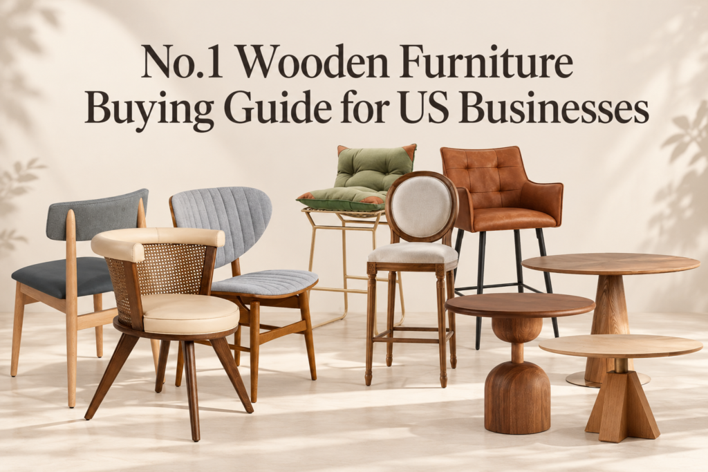 Various wooden chairs and tables displayed on a light background with promotional text.
